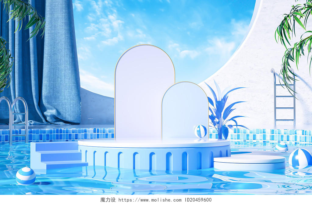 C4D蓝色立体创意狂暑季夏季电商展台背景狂暑季C4D背景